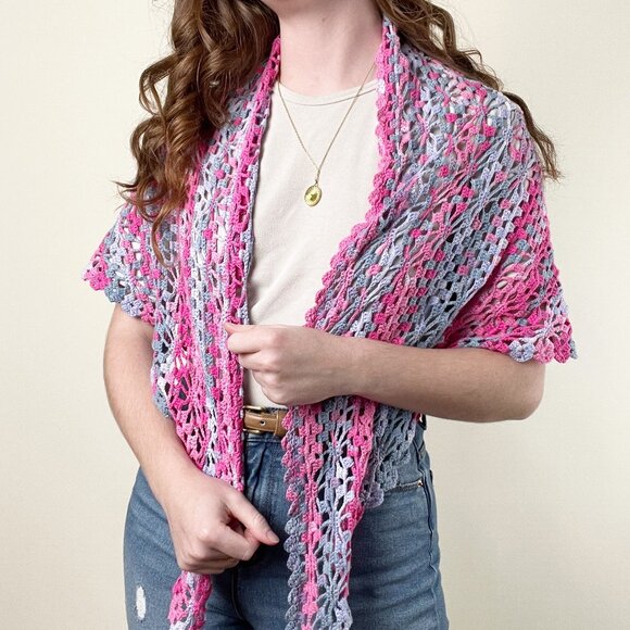 Handmade Open Crochet Knit Shawl Scarf Whimsical Floral Hand Made Shrug Bohemian - Picture 2 of 4